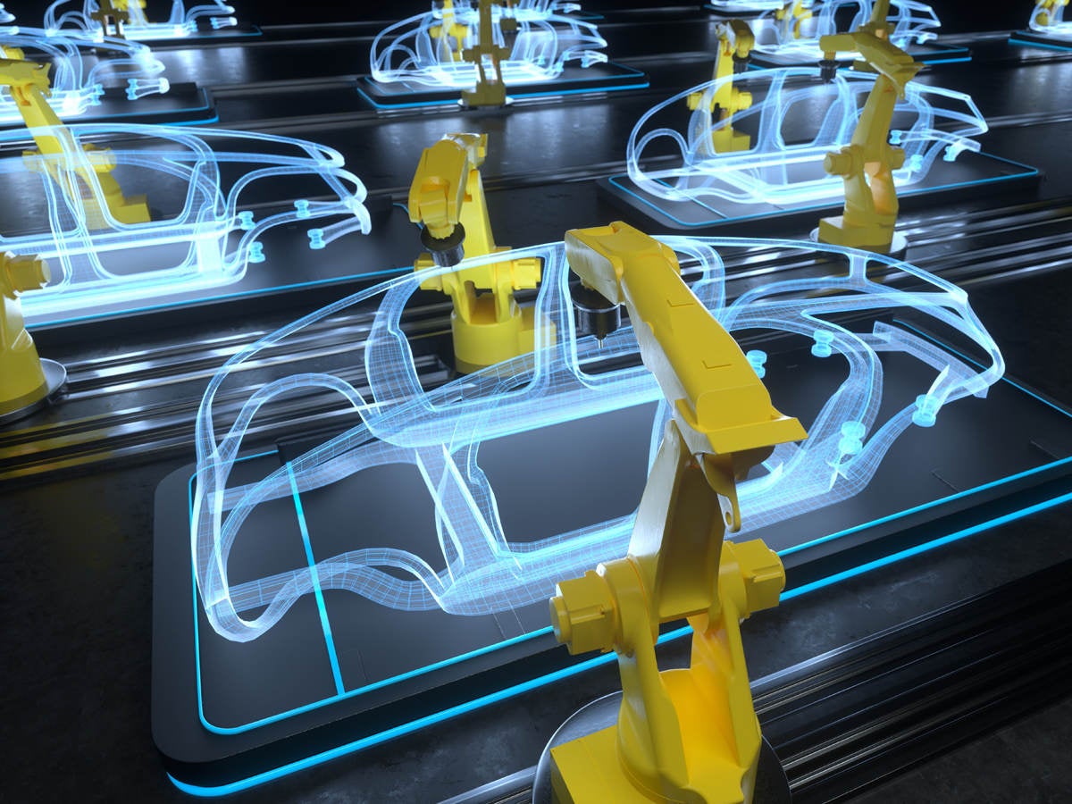 Digital generated image of yellow colored robotic arms working on car production line.