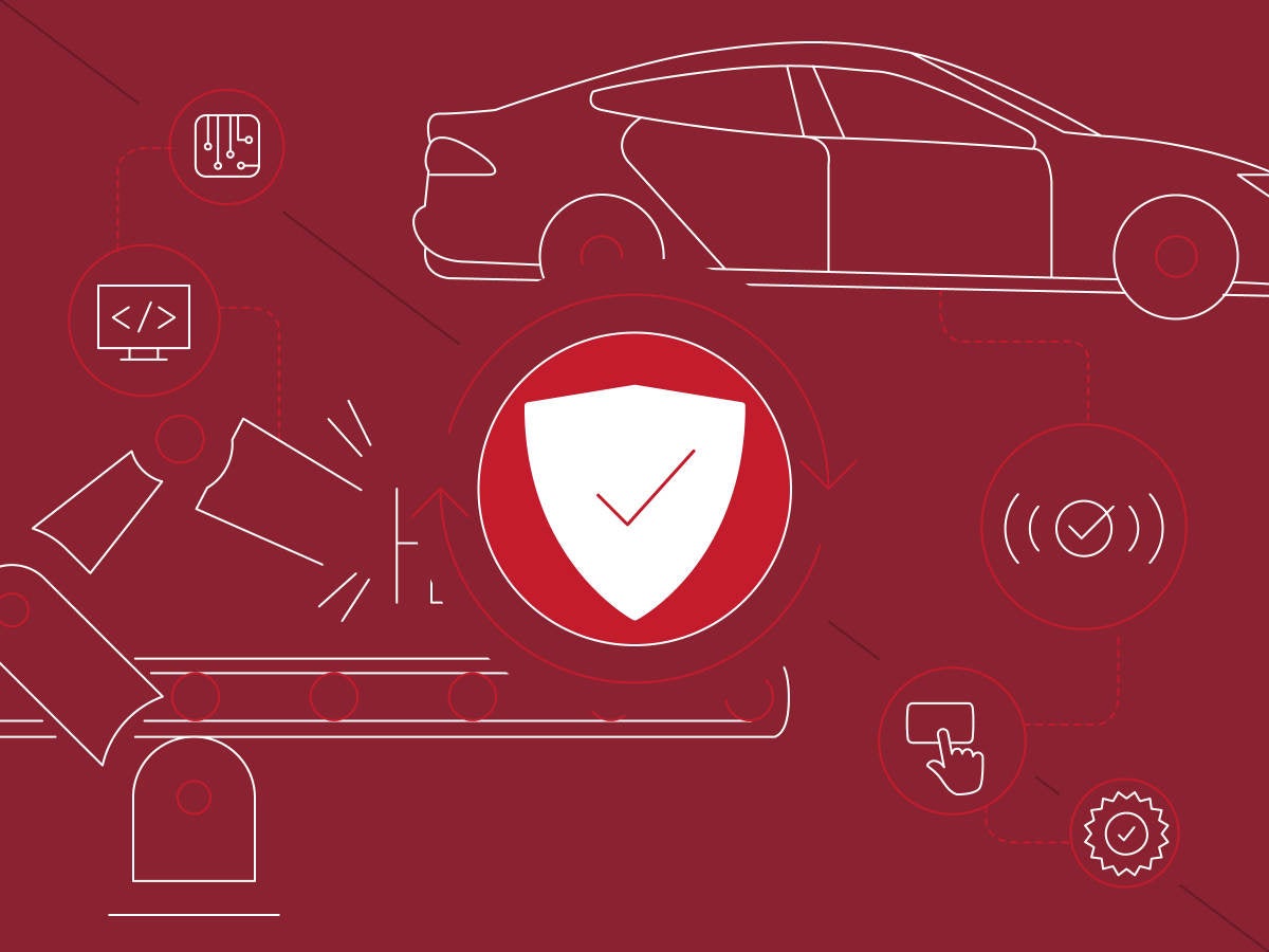 Autonomous car, industrial robot and data communication symbols showing engineering process flow