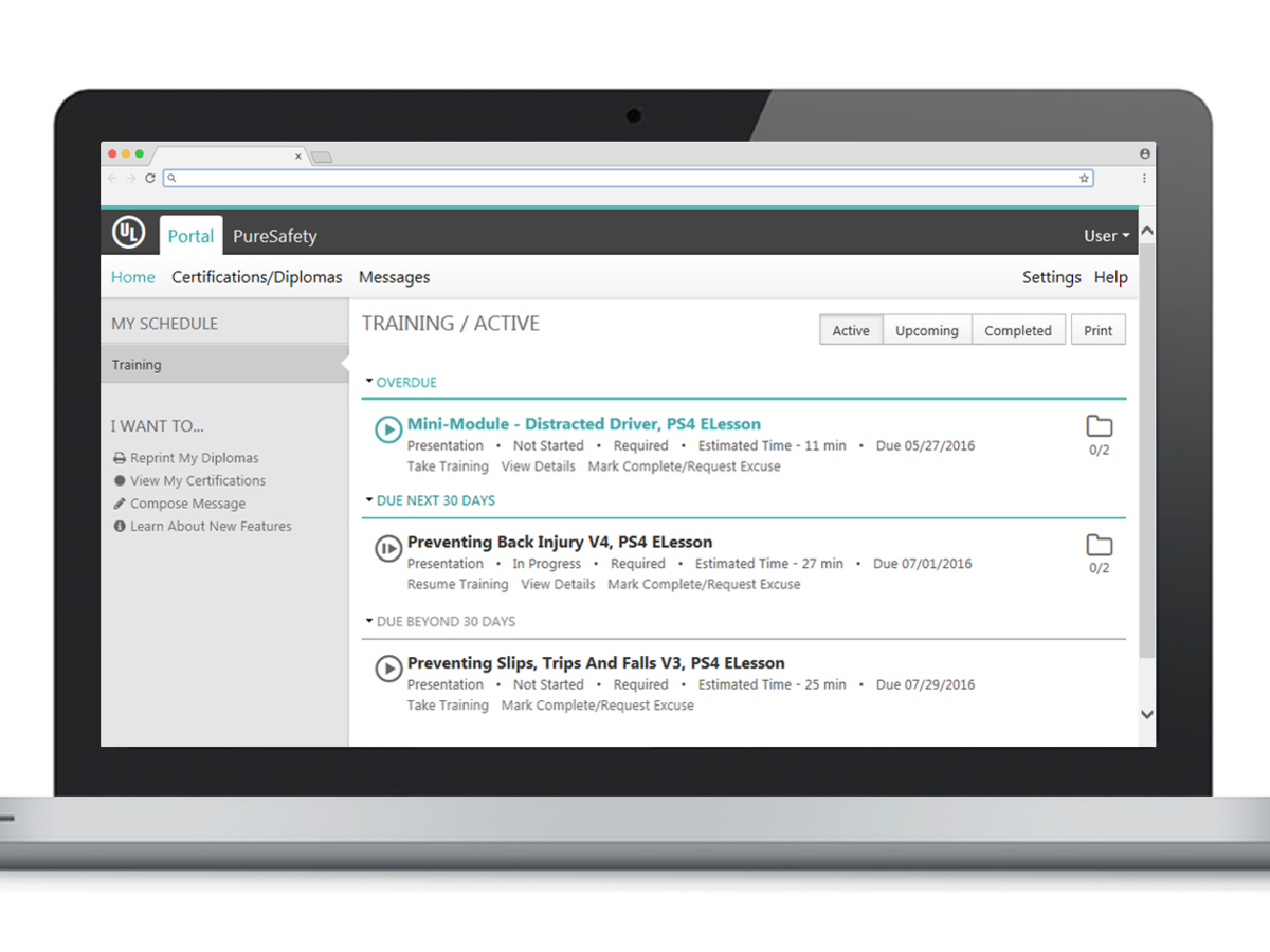 A laptop monitor showing the learning management software