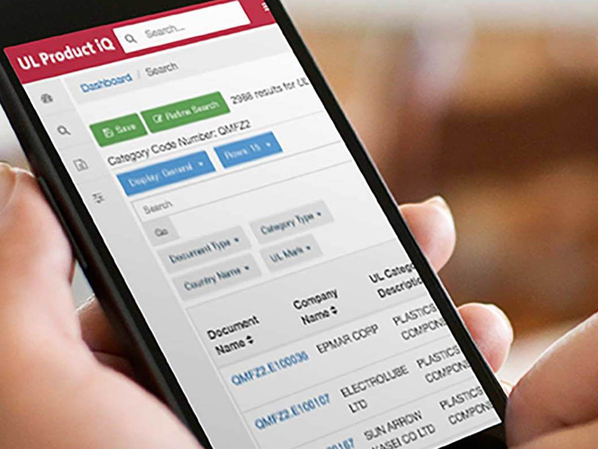 Phone screen showing UL Product iQ certification database