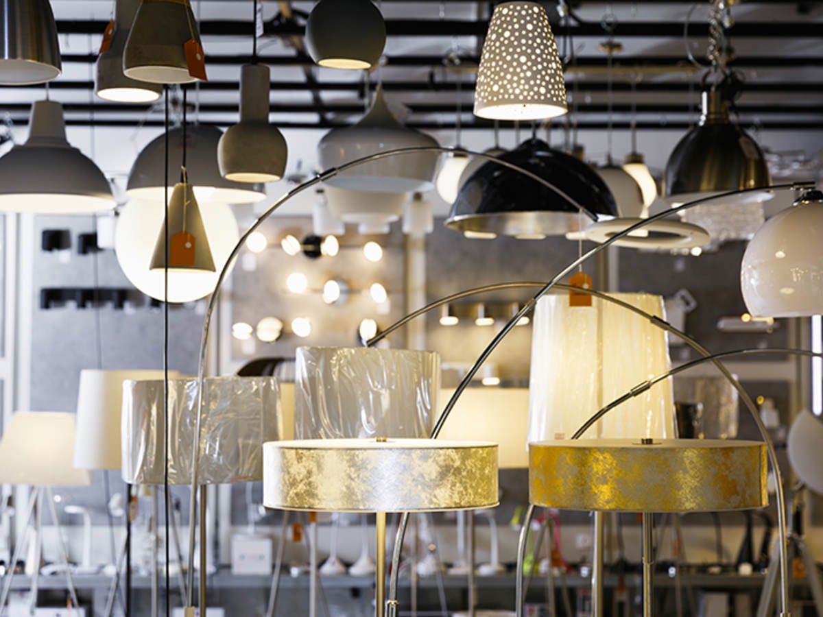 Variety of lamps and lighting fixtures in a store