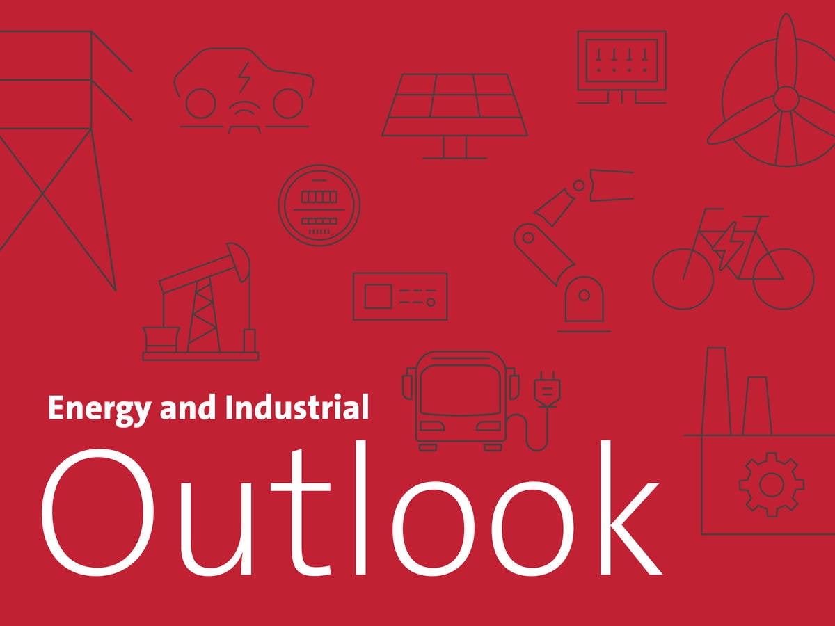 Energy and Industrial Outlook newsletter banner with industry specific icons including solar panel, wind turbine, electric vehicle batteries, oil rig, manufacturing plant
