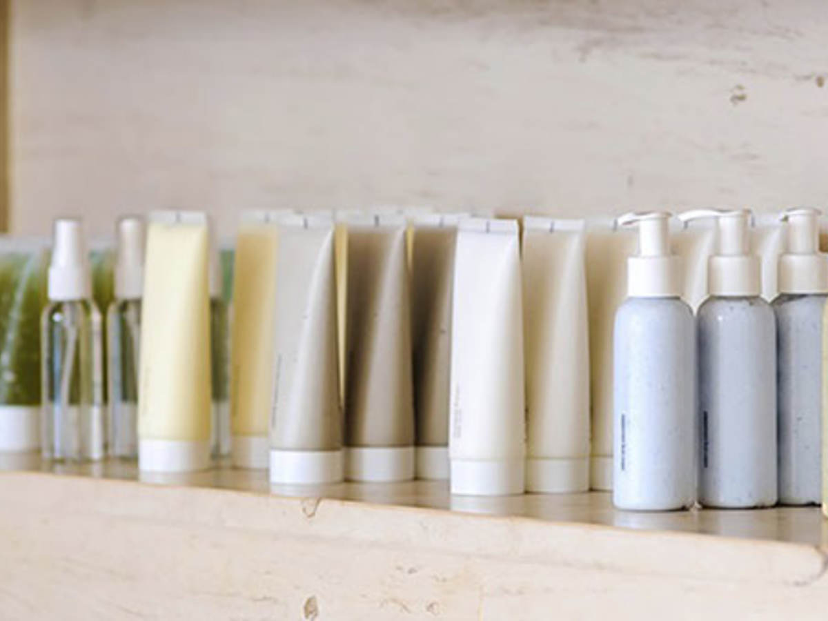 Cosmetic products on shelf 