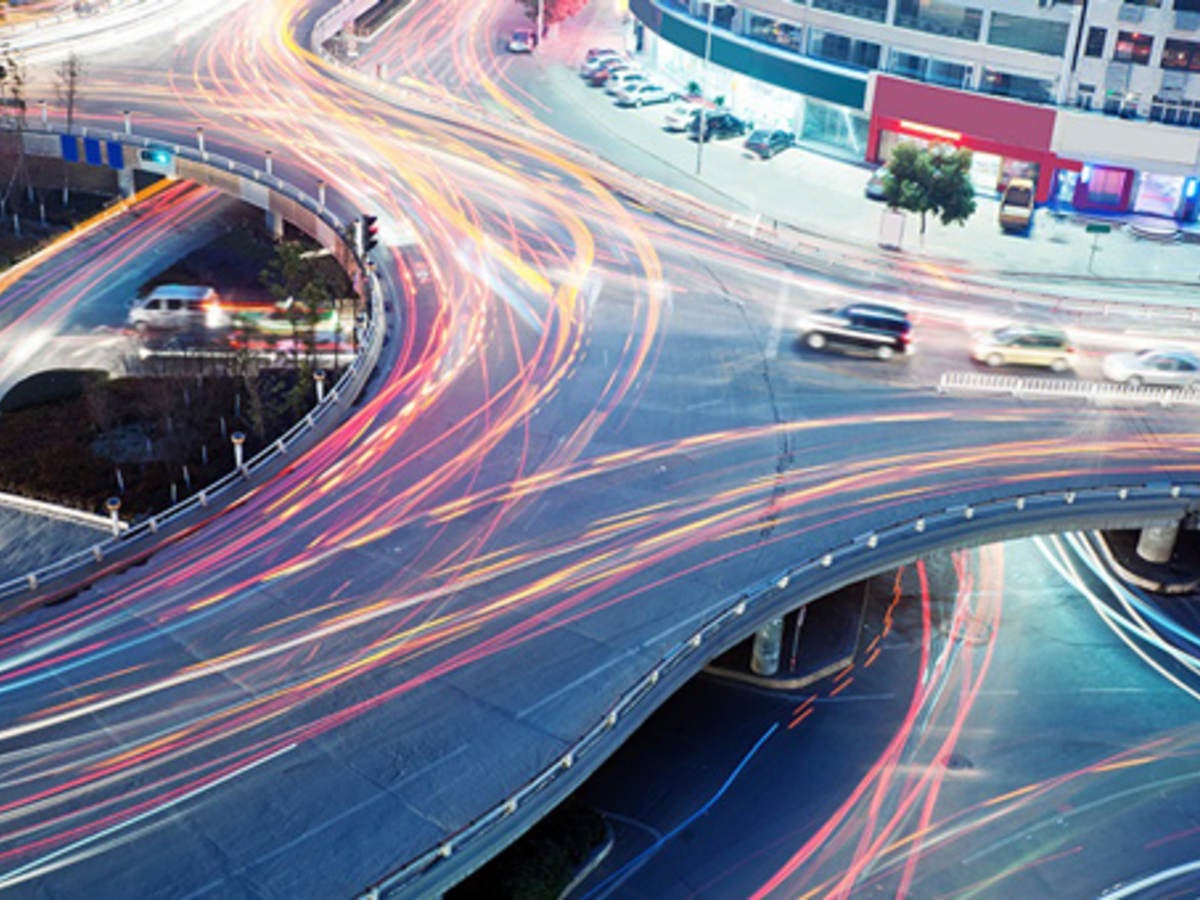 Highway and blurred lights.