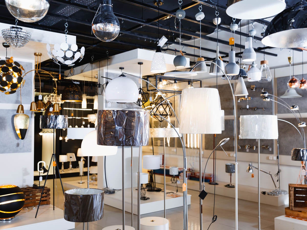 Lamp with lights in the designer furniture store 