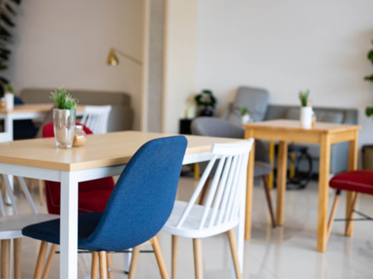 Colorful seating in an open restaurant