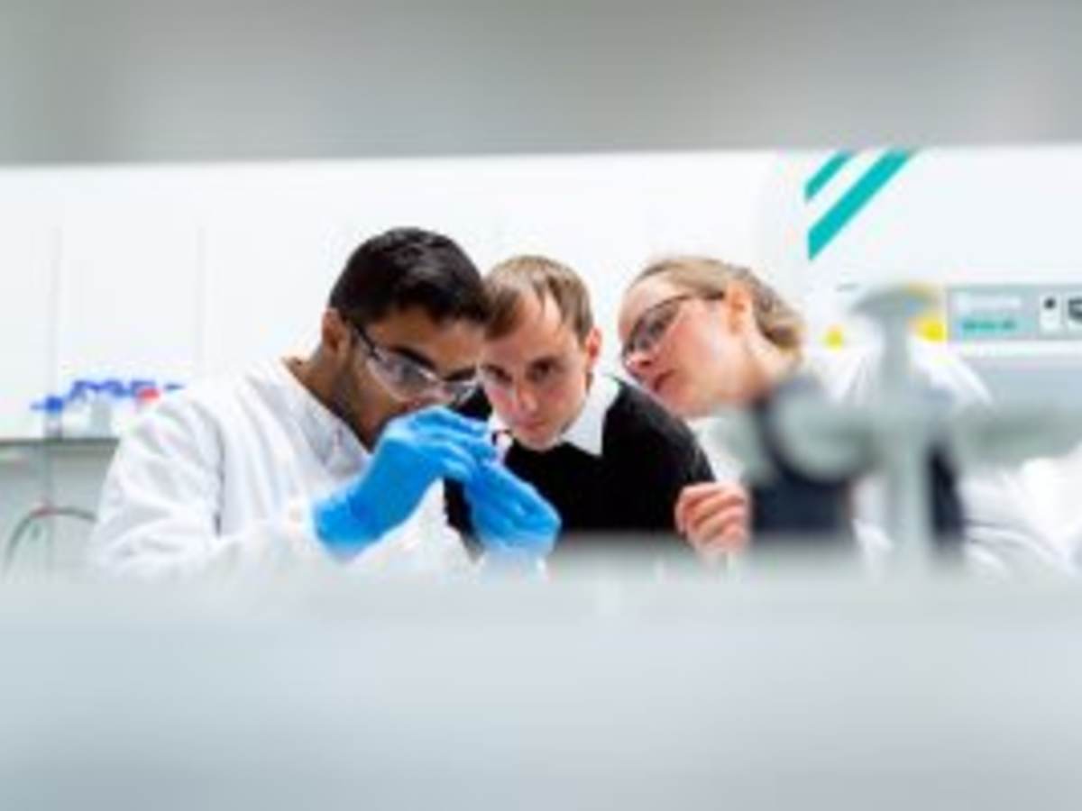 Scientists looking at vial