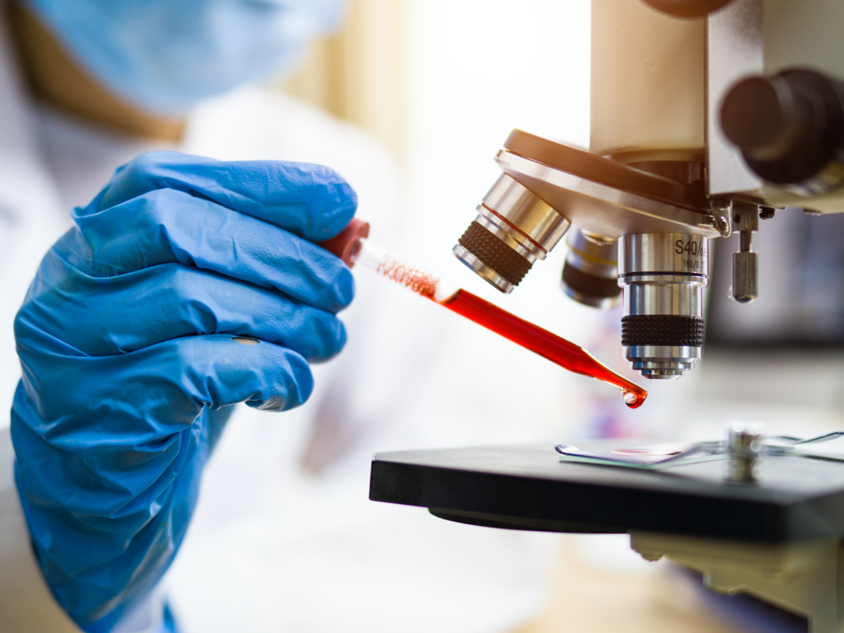 A scientist drips a red liquid onto a microscope’s slide