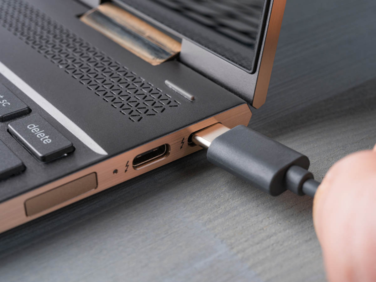Closeup of a Thunderbolt plug in a laptop