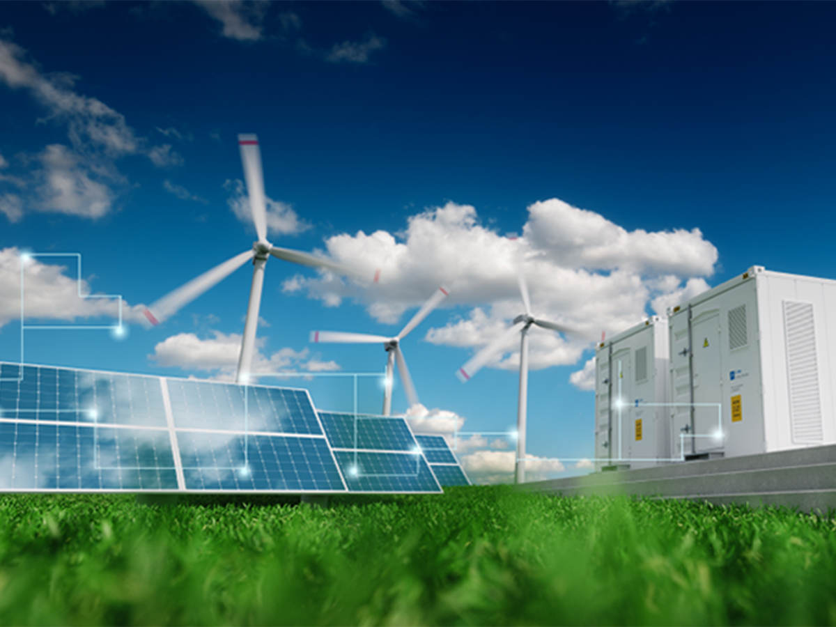Illustration of solar, wind and energy storage for a distributed energy system.