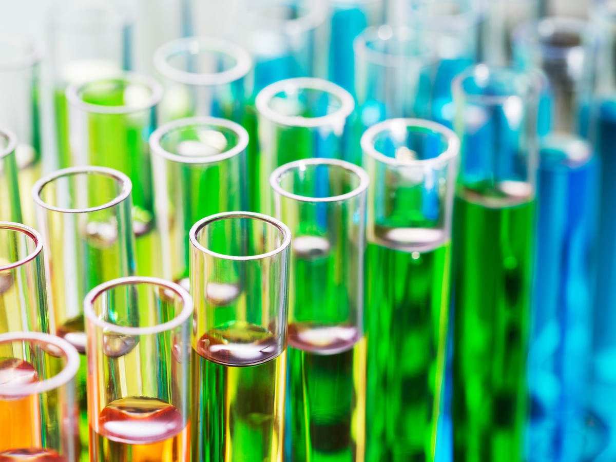 Close-up of test tubes with different colored liquids