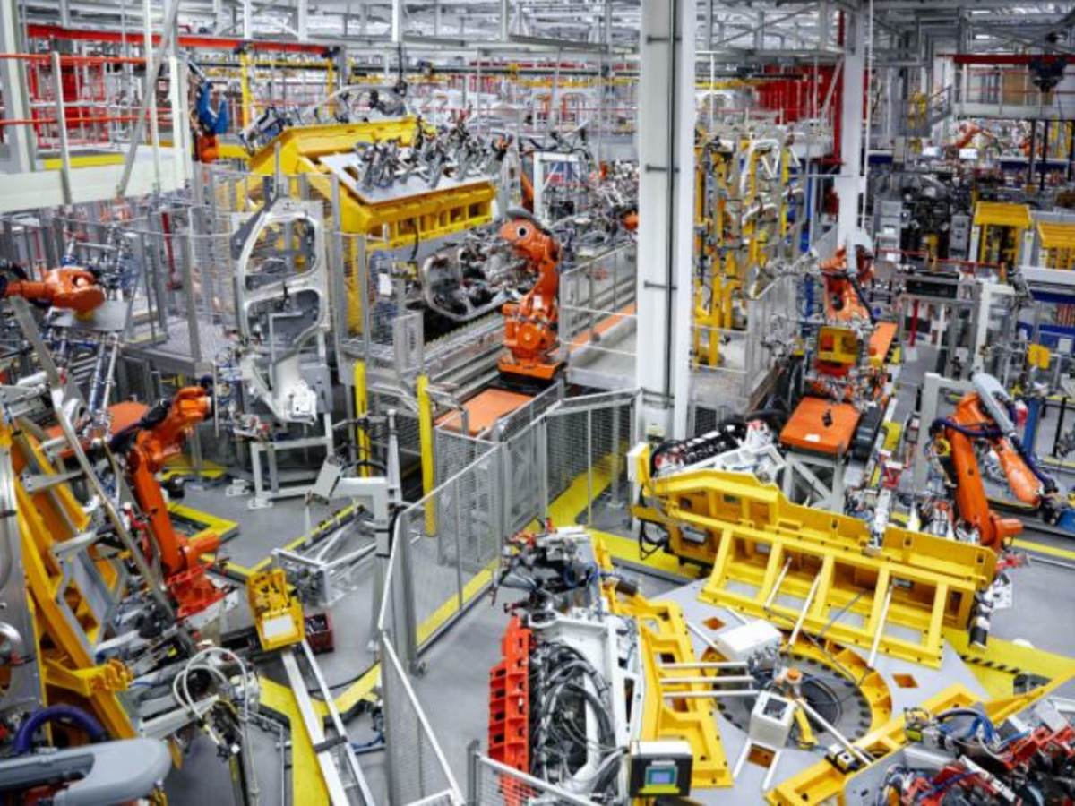 Industrial robots on factory floor