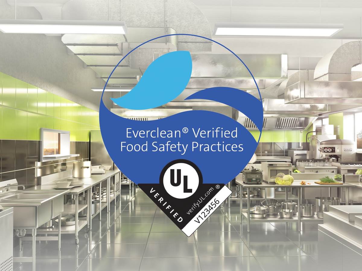 Clean commercial kitchen with the UL Verified Mark for Everclean food safety practices