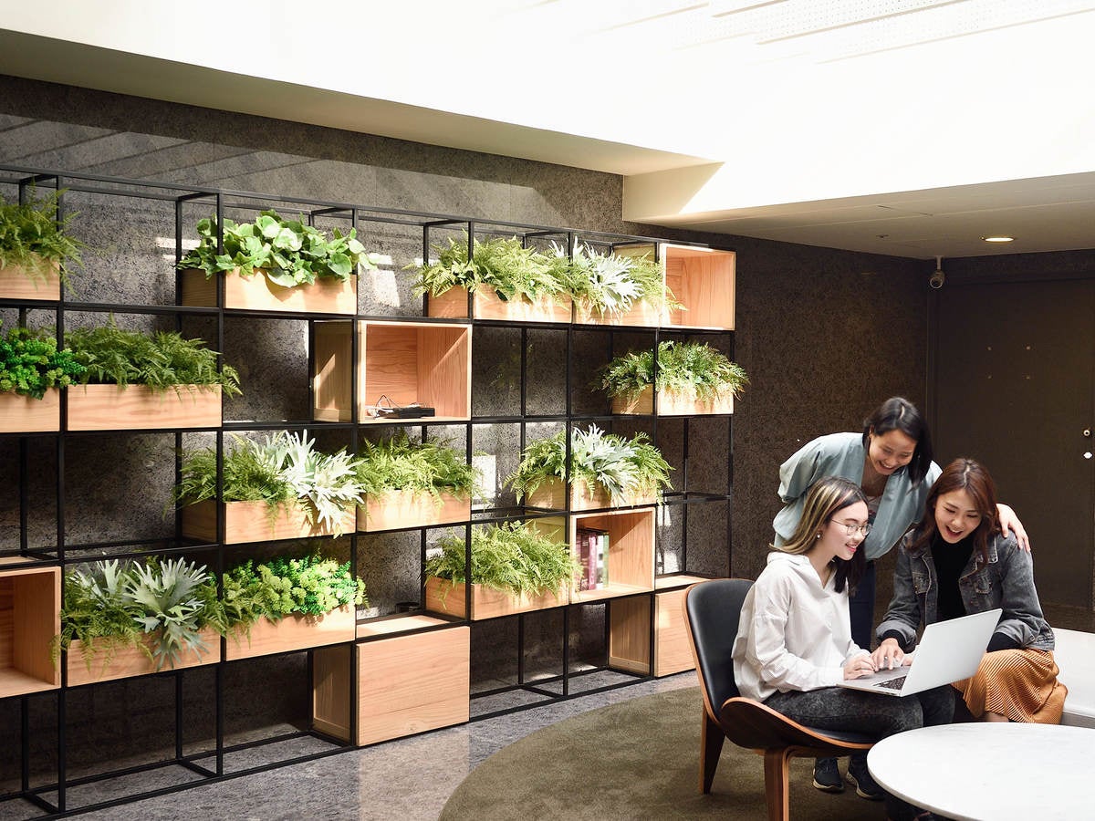 Three women working together in a modern office