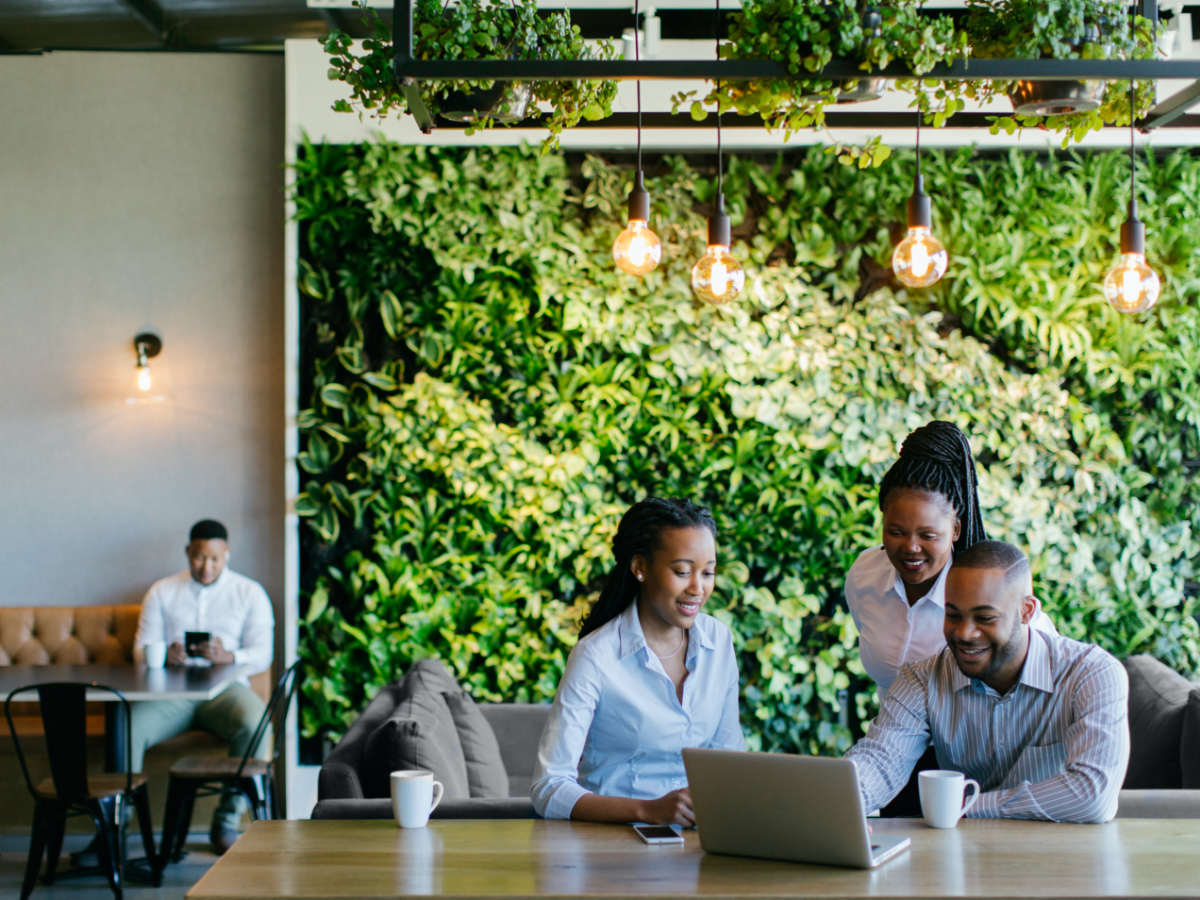 people working together at a desk with greenery wall behind them