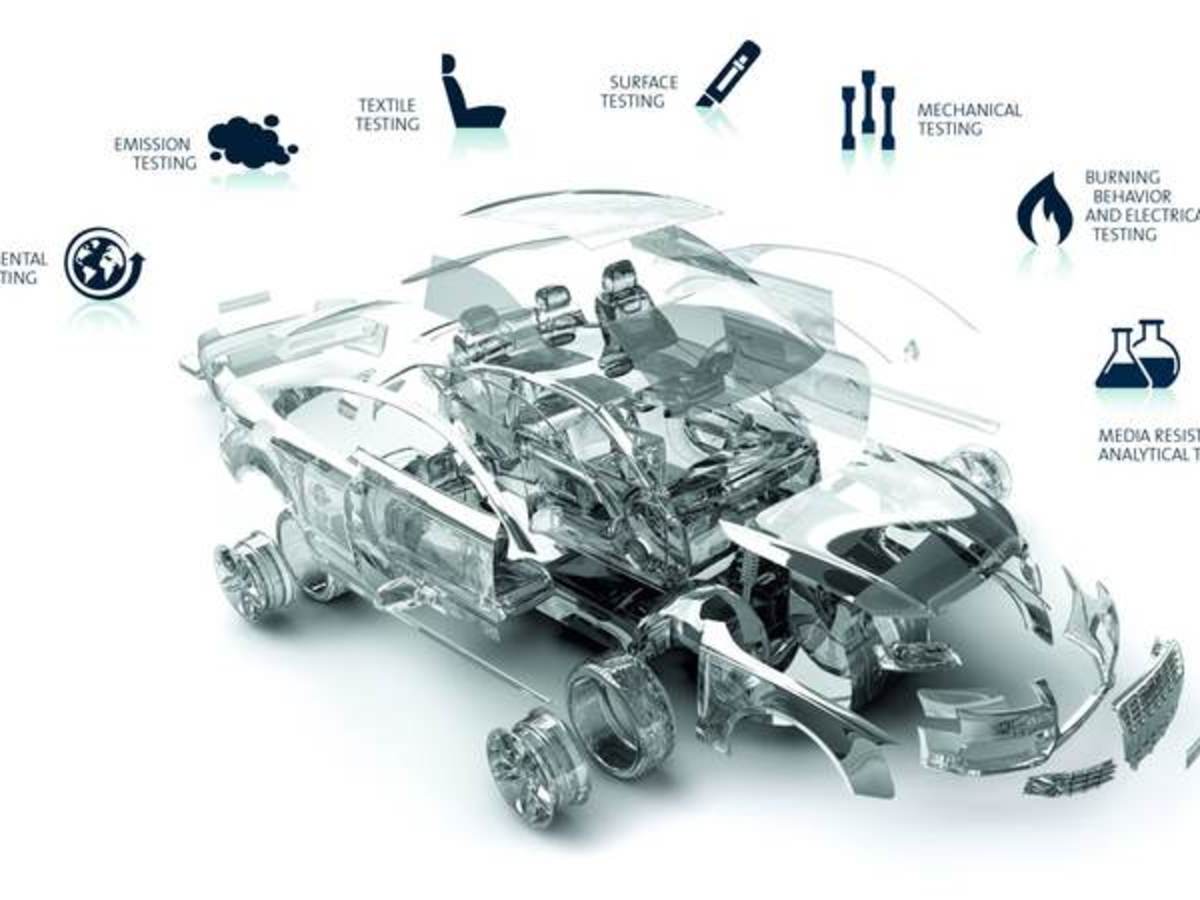 Graphic depicting parts of a car coming together to form the car with icons surrounding it