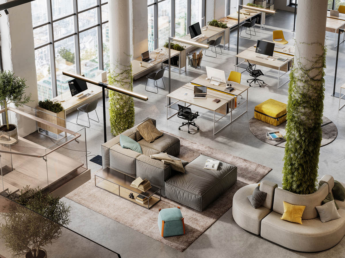 Top view 3D image of a environmentally friendly office space