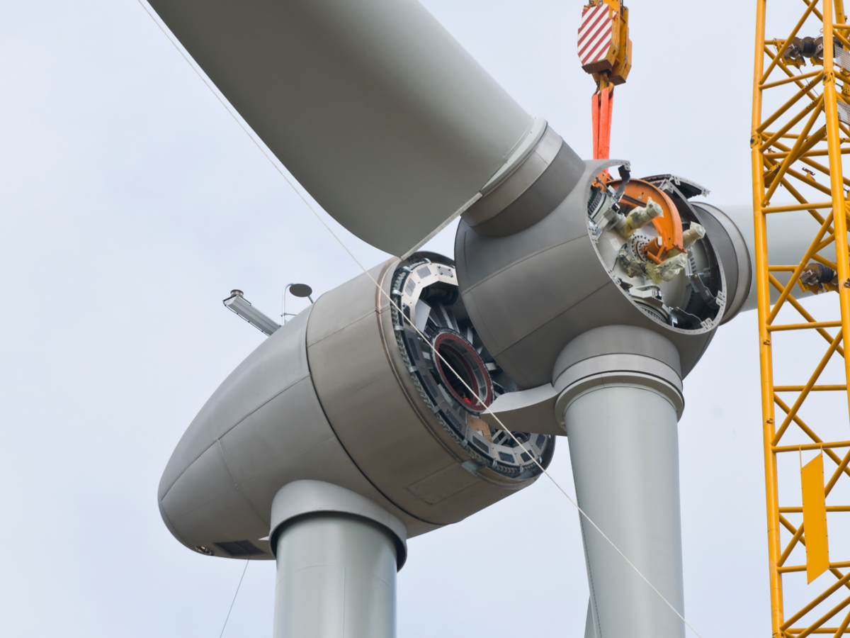Close up of assembling a wind turbine