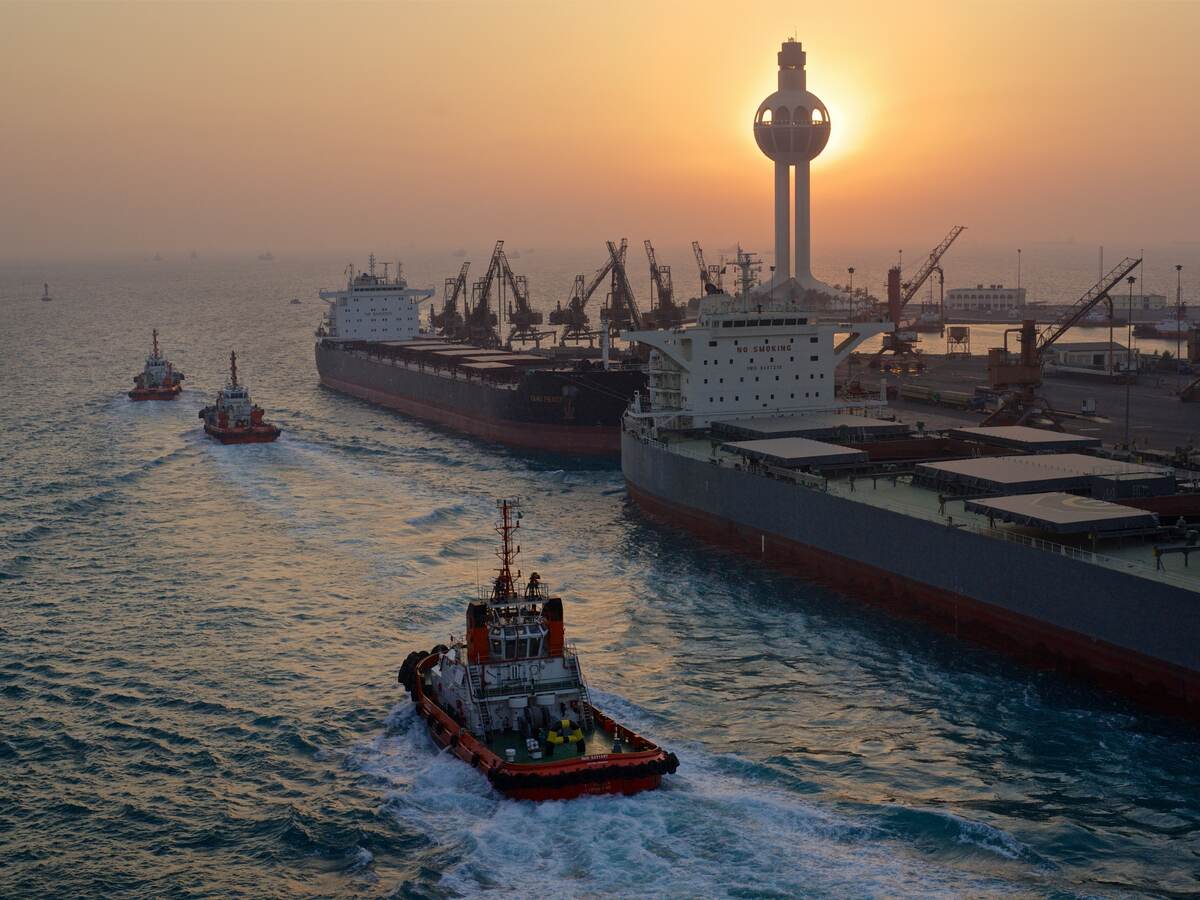 Tugs and freighter boats moored along the wharf in Saudi Arabia