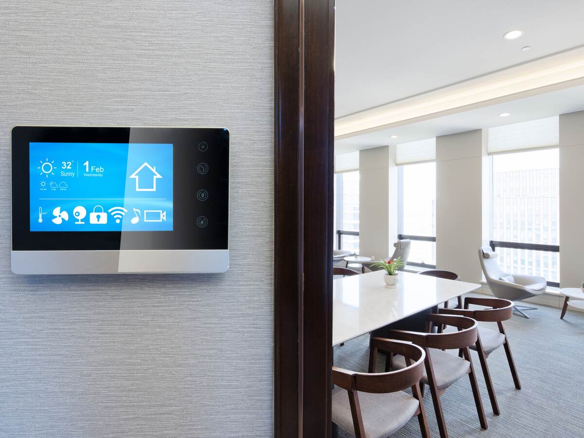 Control panel for integrated system that controls light, temperature, air in a modern office