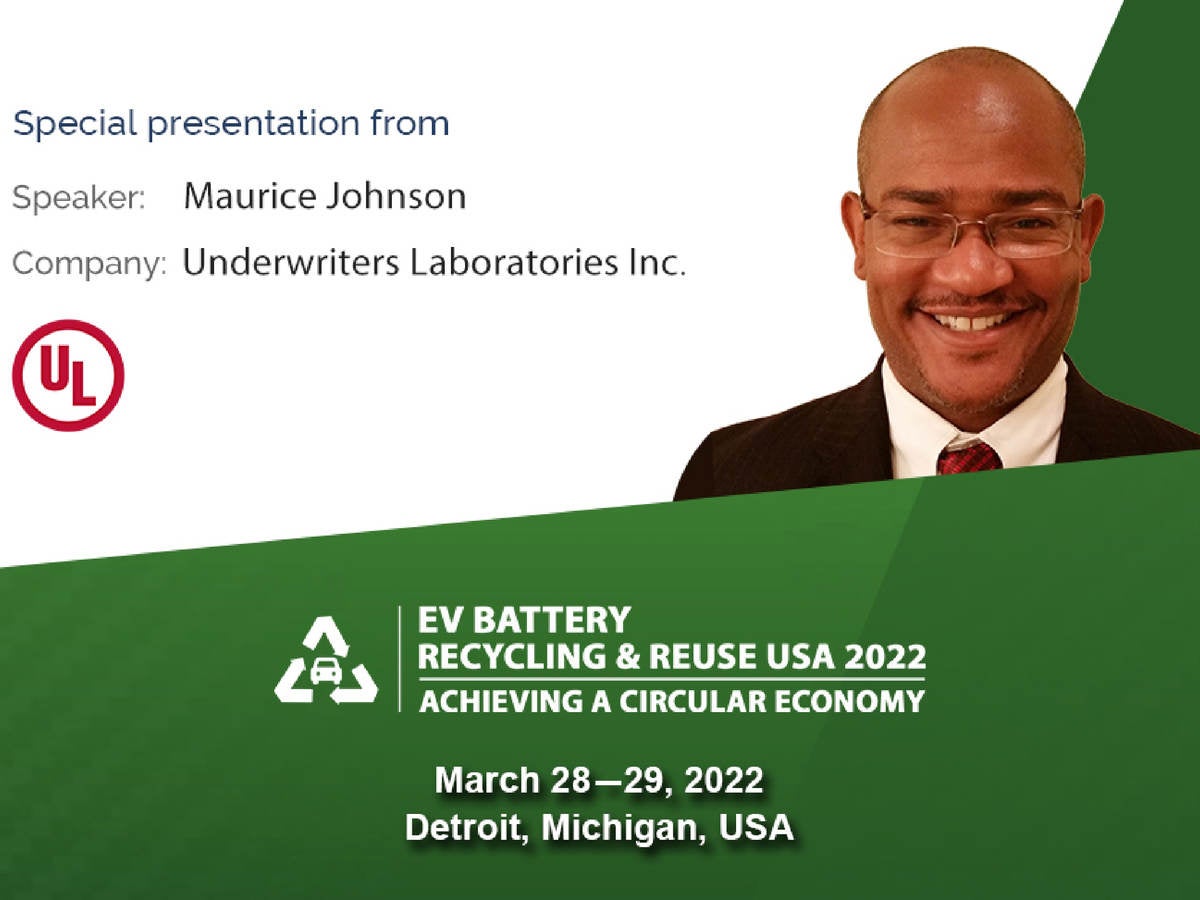 Headshot of Maurice Johnson with EV Battery Recycling and Reuse USA 2022 event details