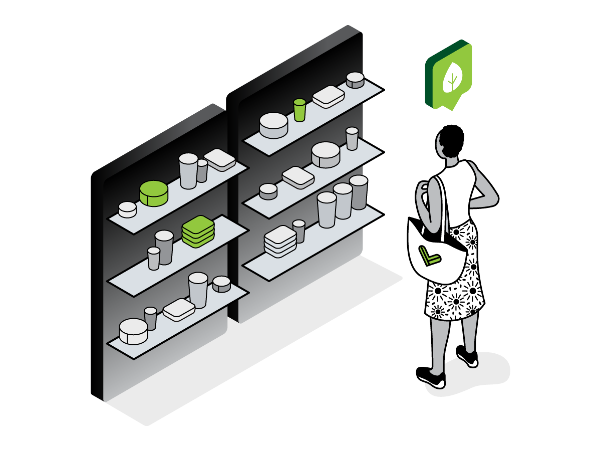 An illustration of a woman looking for sustainable products on store shelves