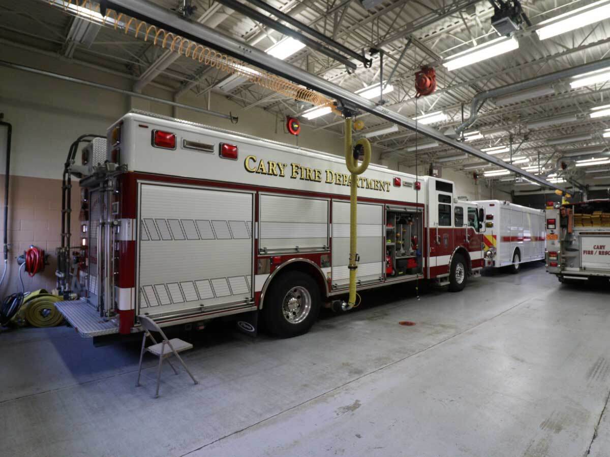 Cary North Carolina fire trucks inside the station