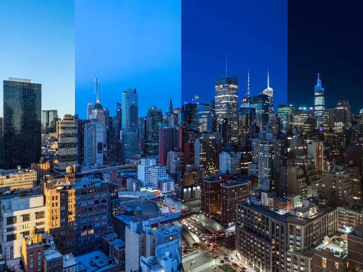 Image of the same city skyline with a progression from day to night to represent circadian rhythm.