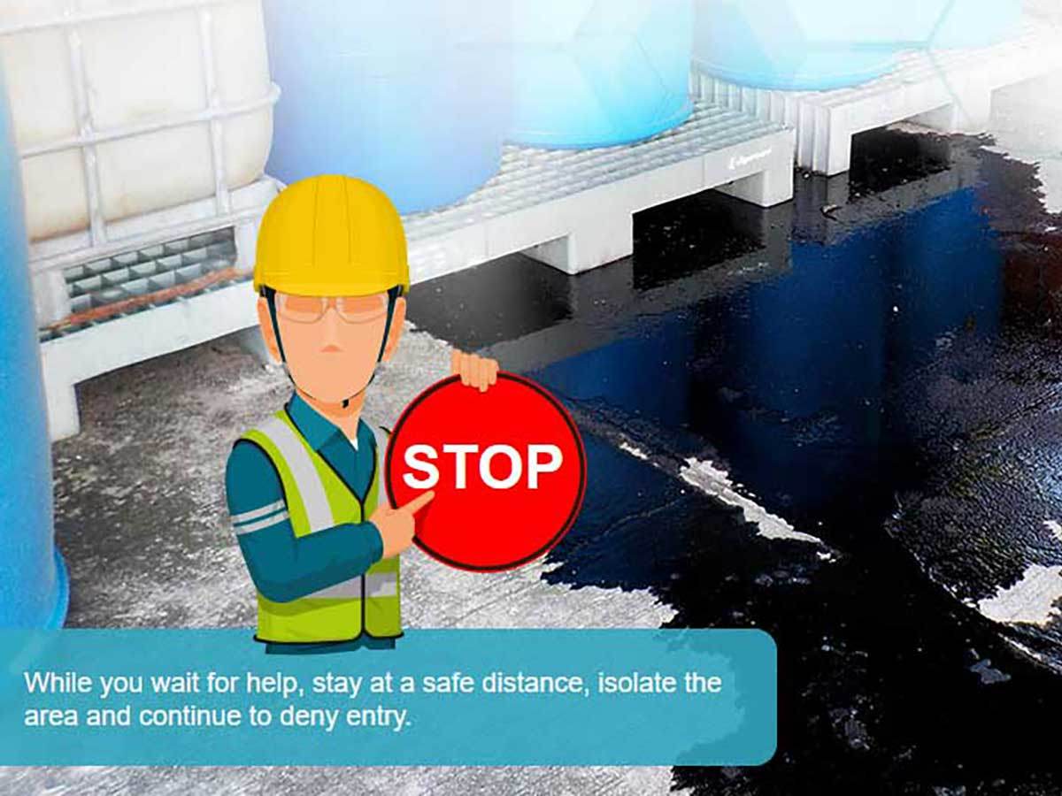 Cartoon character giving advice on chemical spills