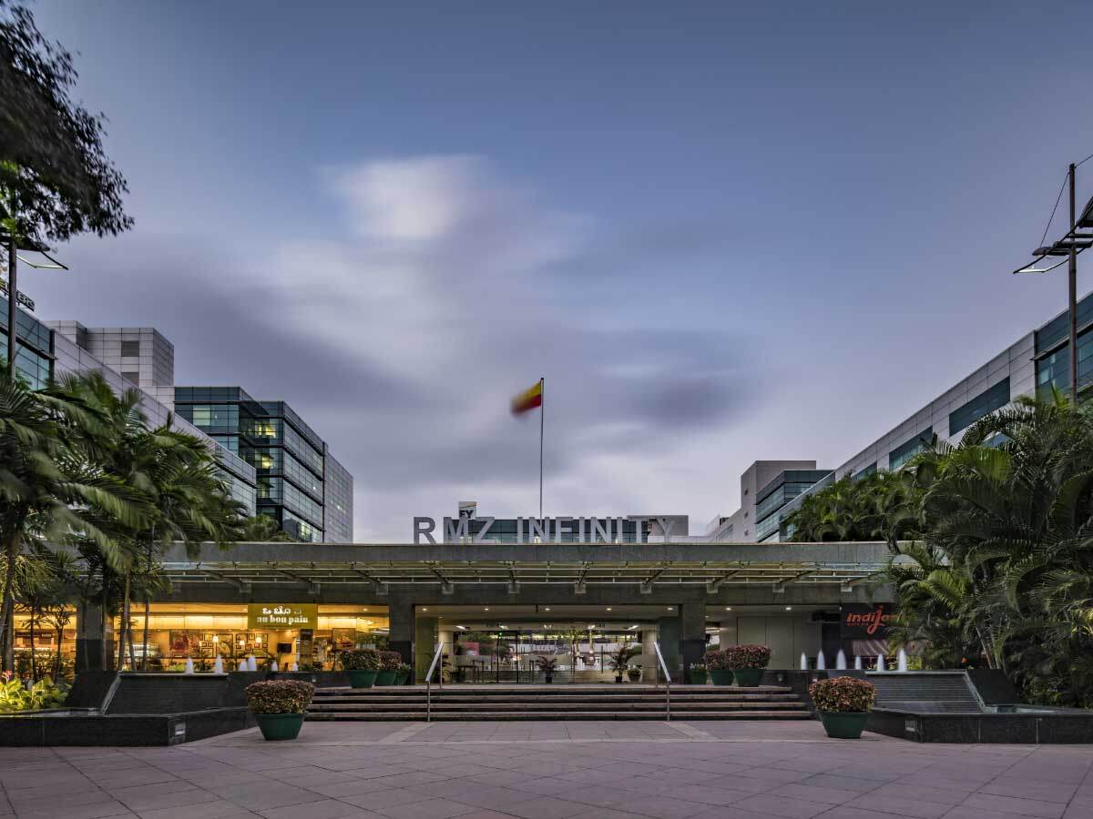 Exterior of an office building complex at twilight