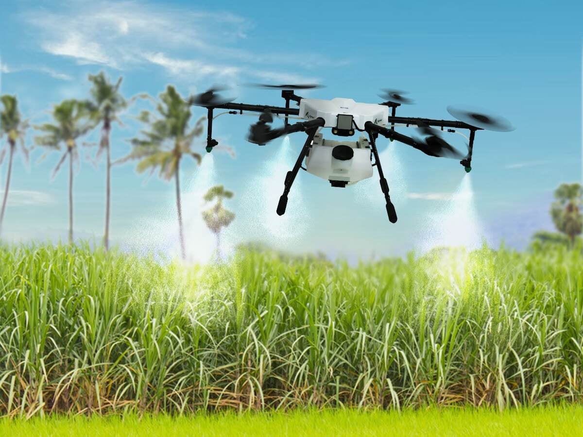 Agribot drone flying low over a field