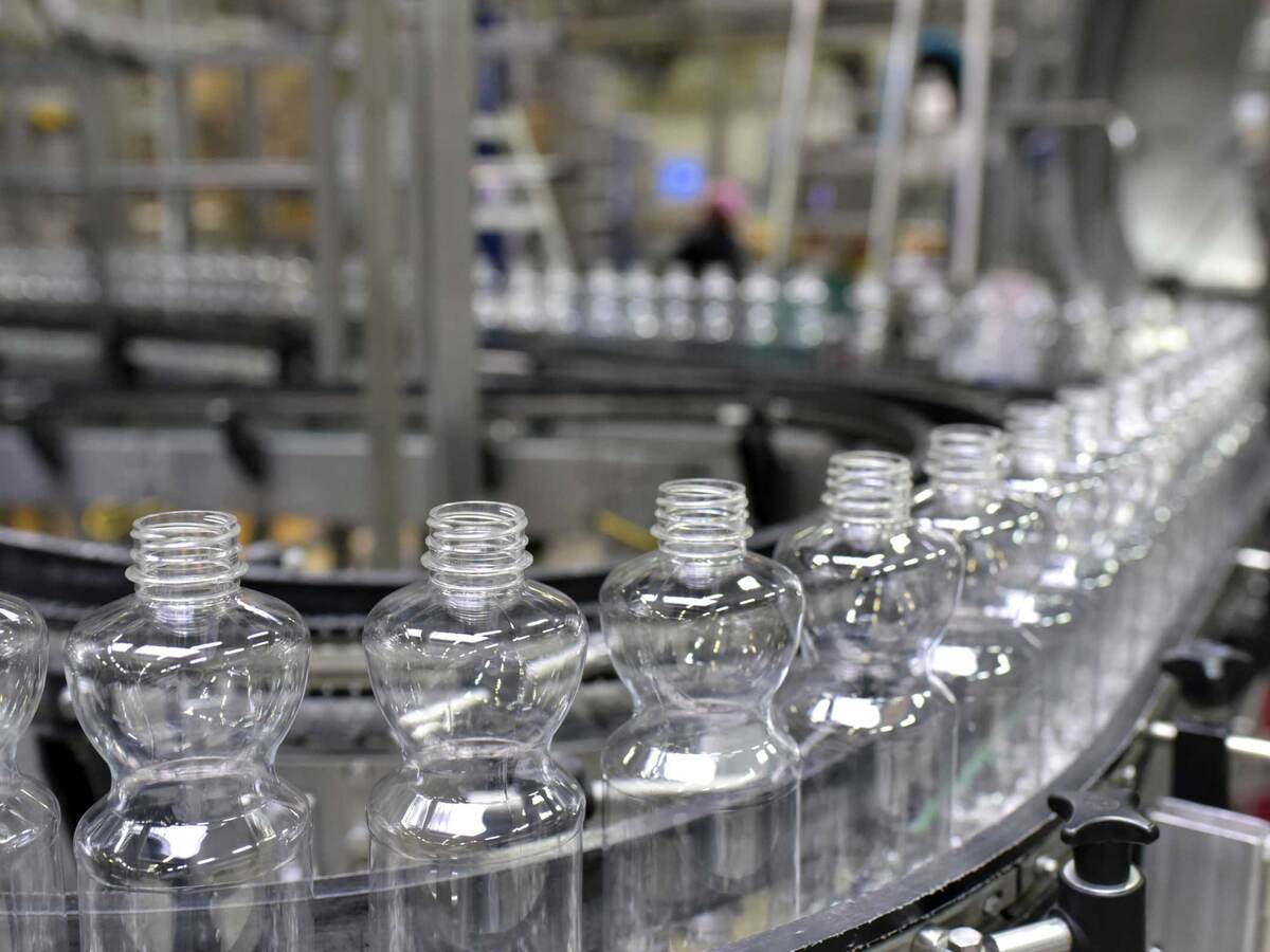Empty plastic bottles at a bottling plant