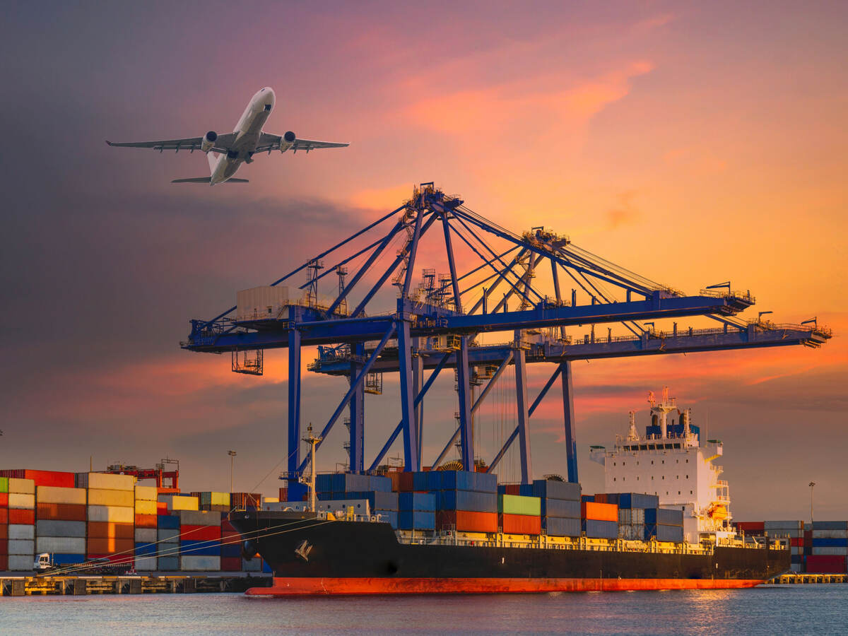 Port, containers, Ship, plane distributing products for market access