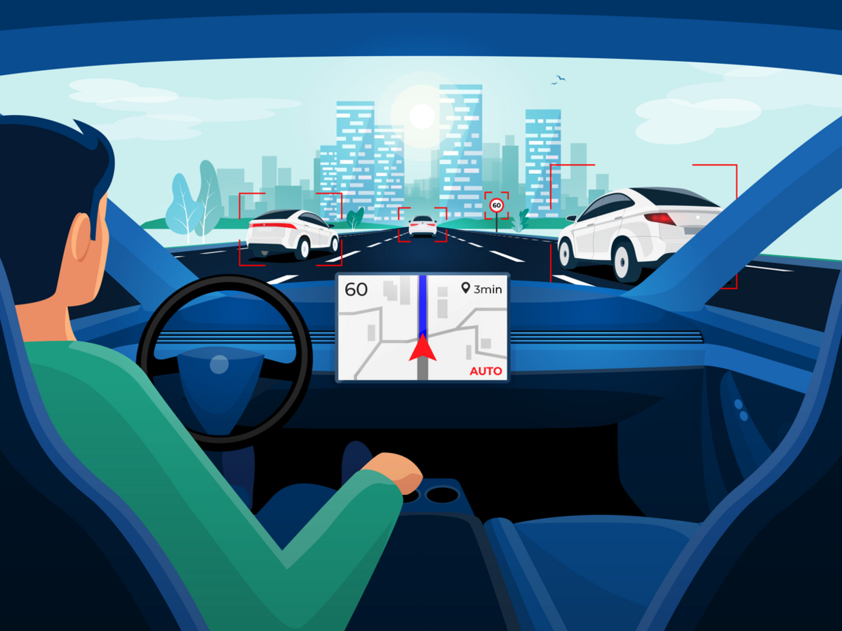 Illustration of man in driver seat of a modern car with dashboard controls