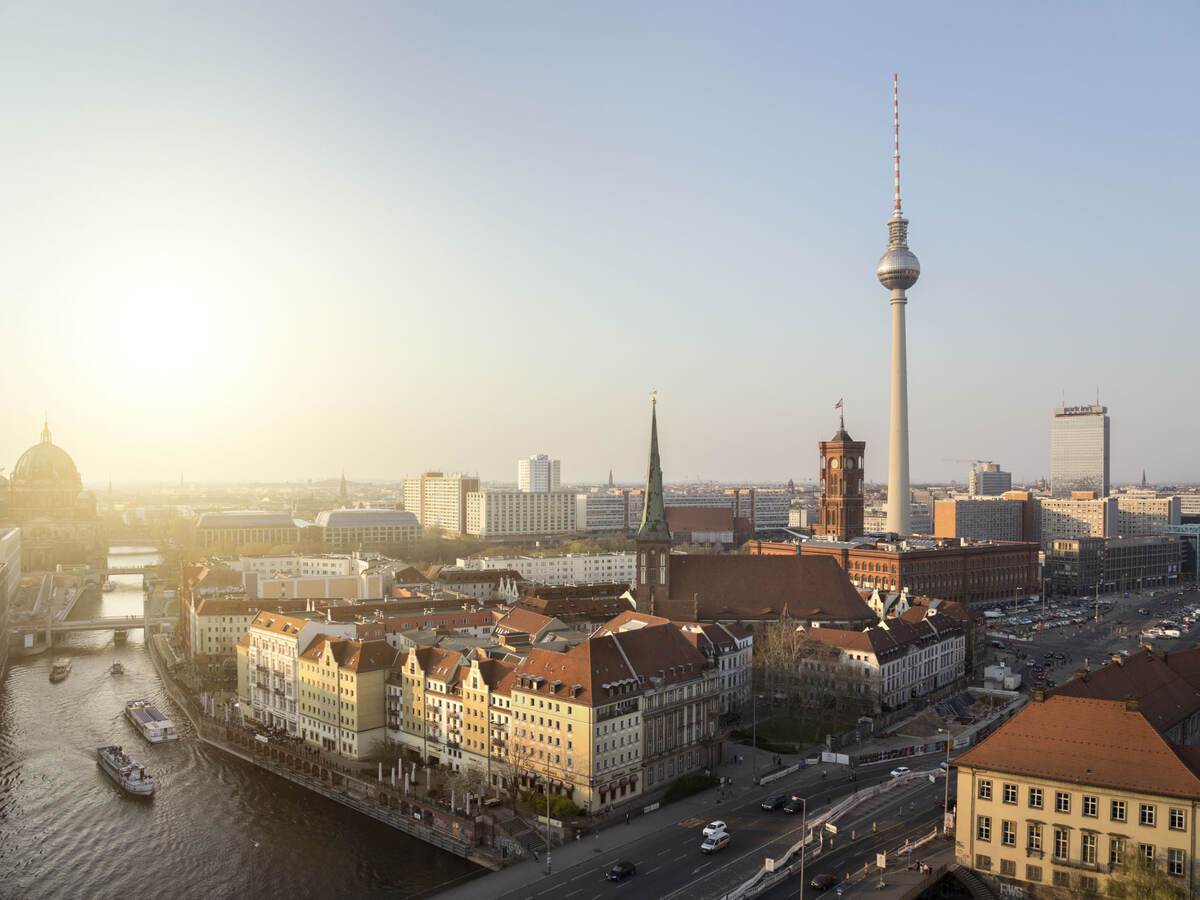 Panorama of Berlin with the Spree River to the left and the Berlin tv tower to the right.  