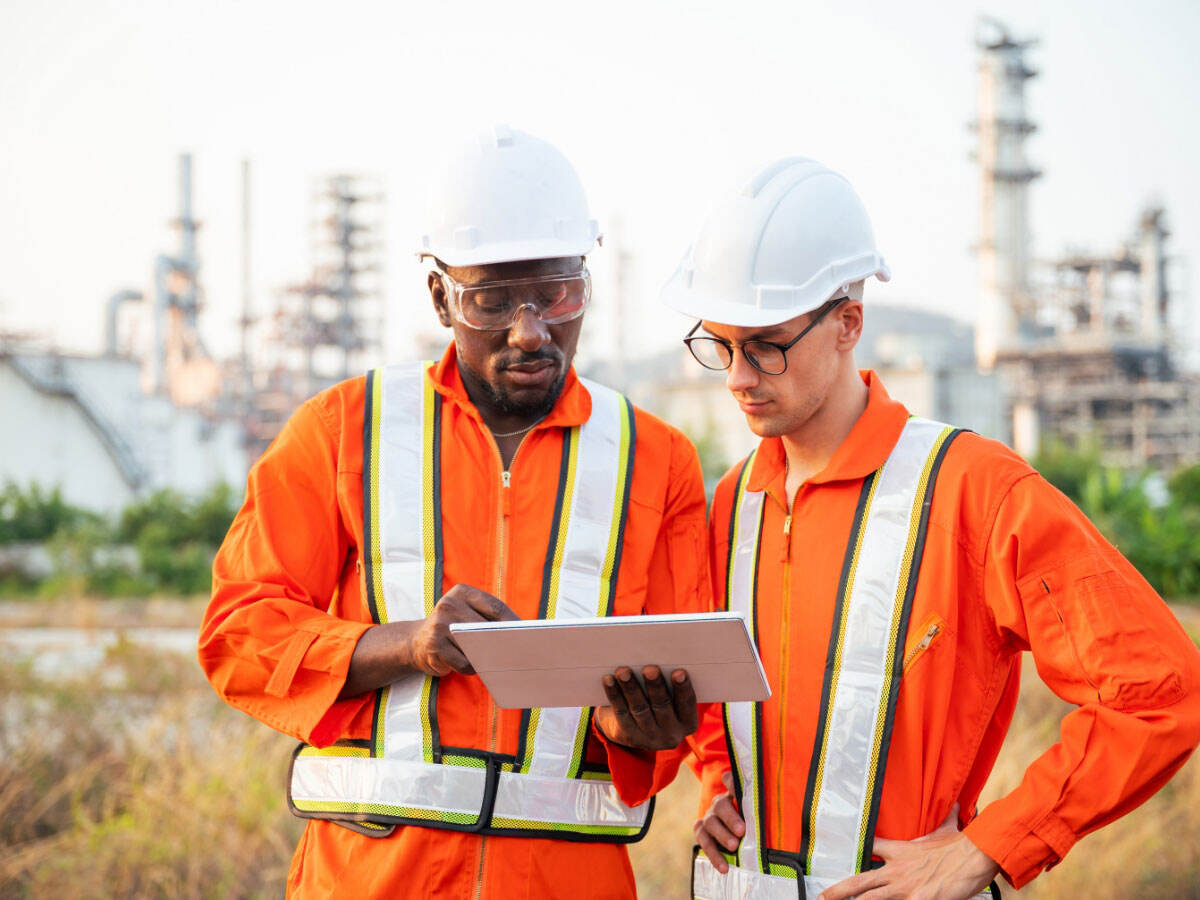 Engineers reviewing a project on a tablet