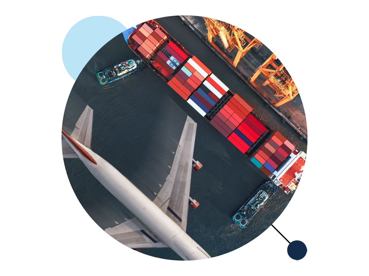 Overhead view of an airplane and cargo containers