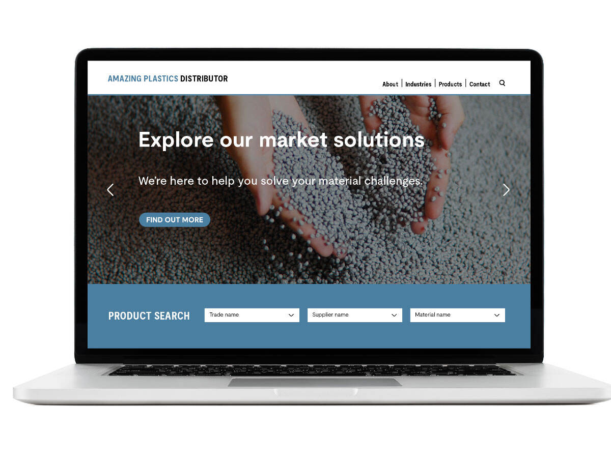 Laptop showing a website with a customized search bar for plastics products