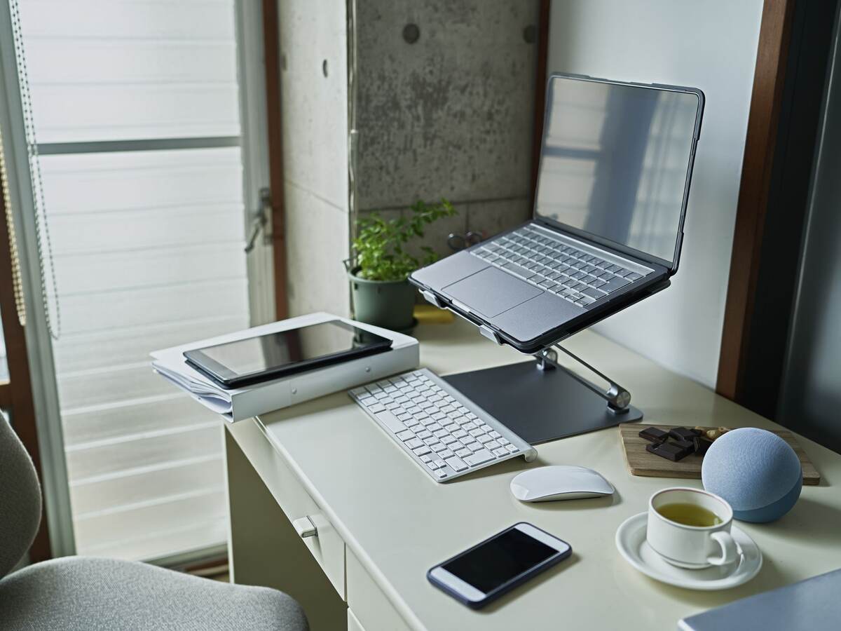 Home office setup with smart speaker.