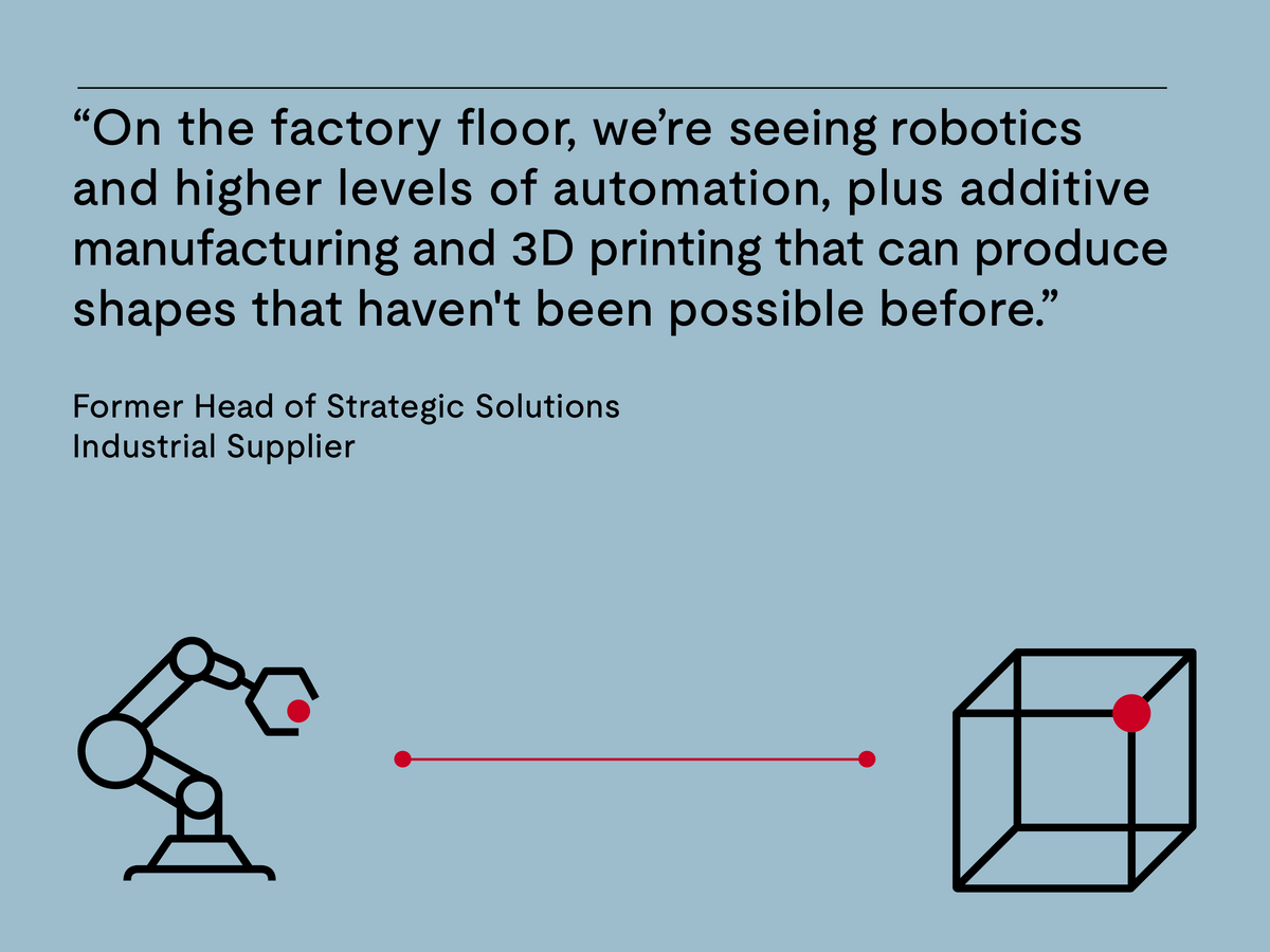 On the factory floor, we're seeing robotics and higher levels of automation, plus additive manufacturing and 3D printing that can produce shapes that haven't been possible before