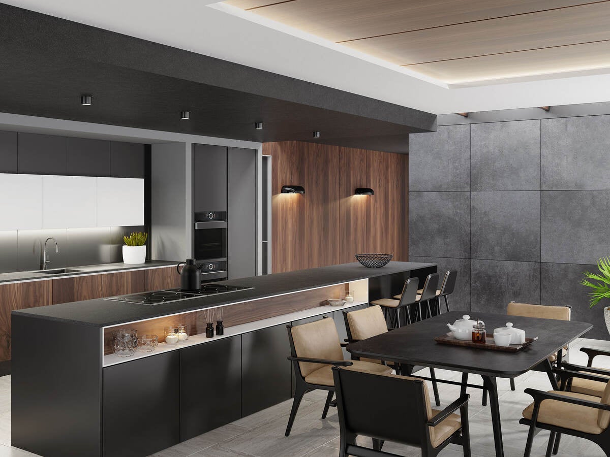 Luxurious matte black minimalist kitchen.