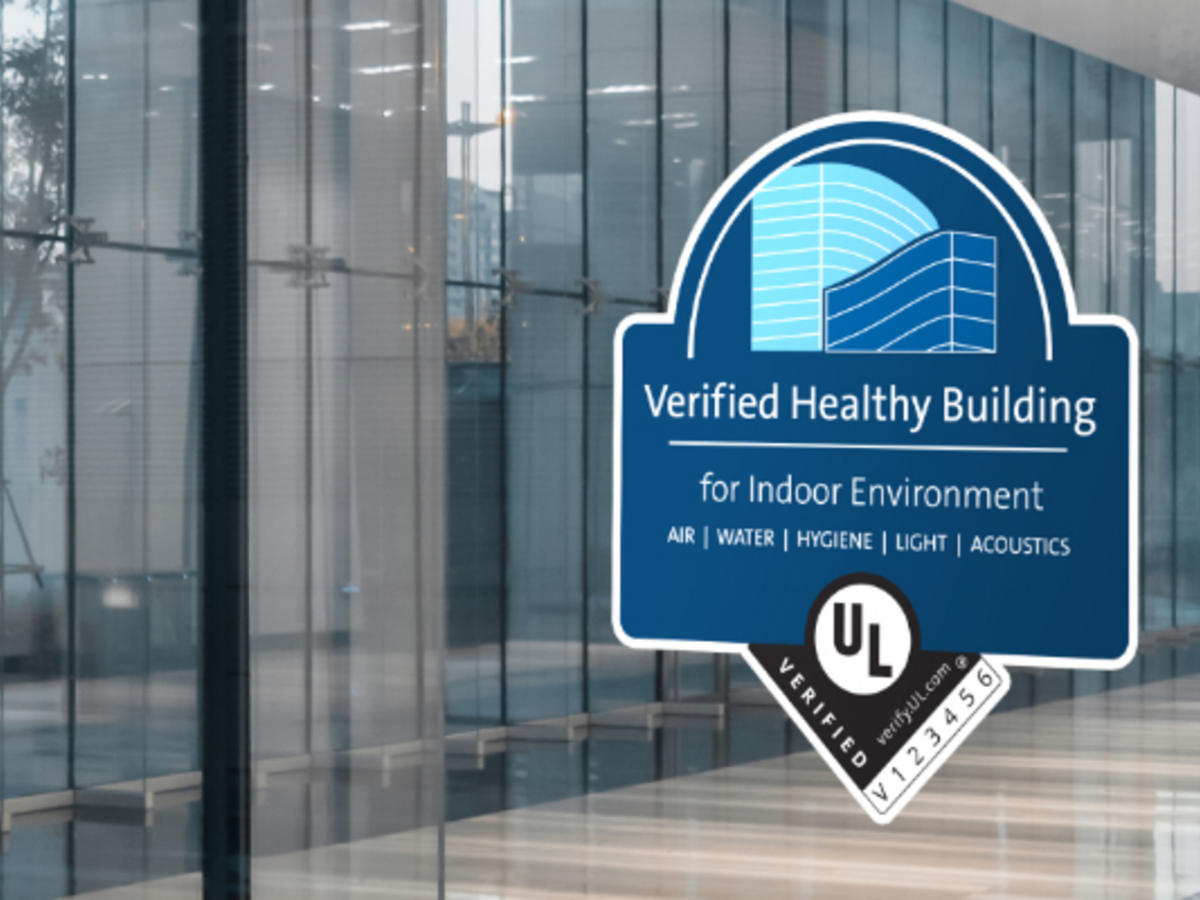 Verified Healthy Building Mark on Modern Glass Building