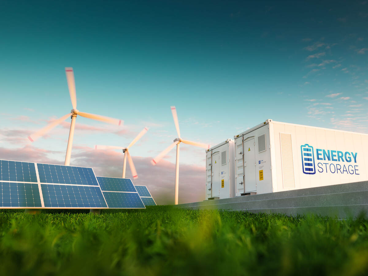 Concept of energy storage with solar panels and wind turbines