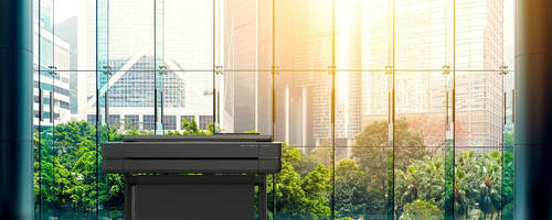 Photo of an HP Design Jet T600 in front of windows with sun shining through