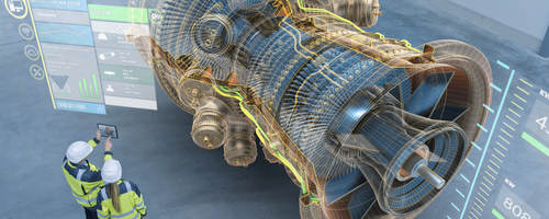 Engineers working with 3D turbine model