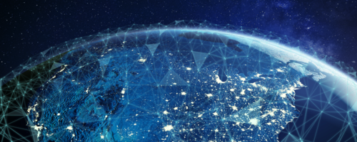 Blue connected network of lines above globe viewed from space