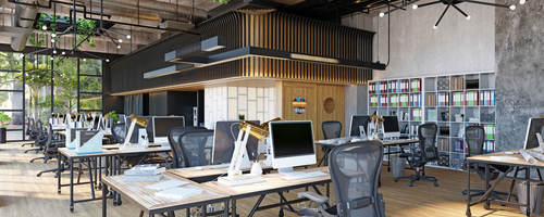 Row of empty desks in a modern office