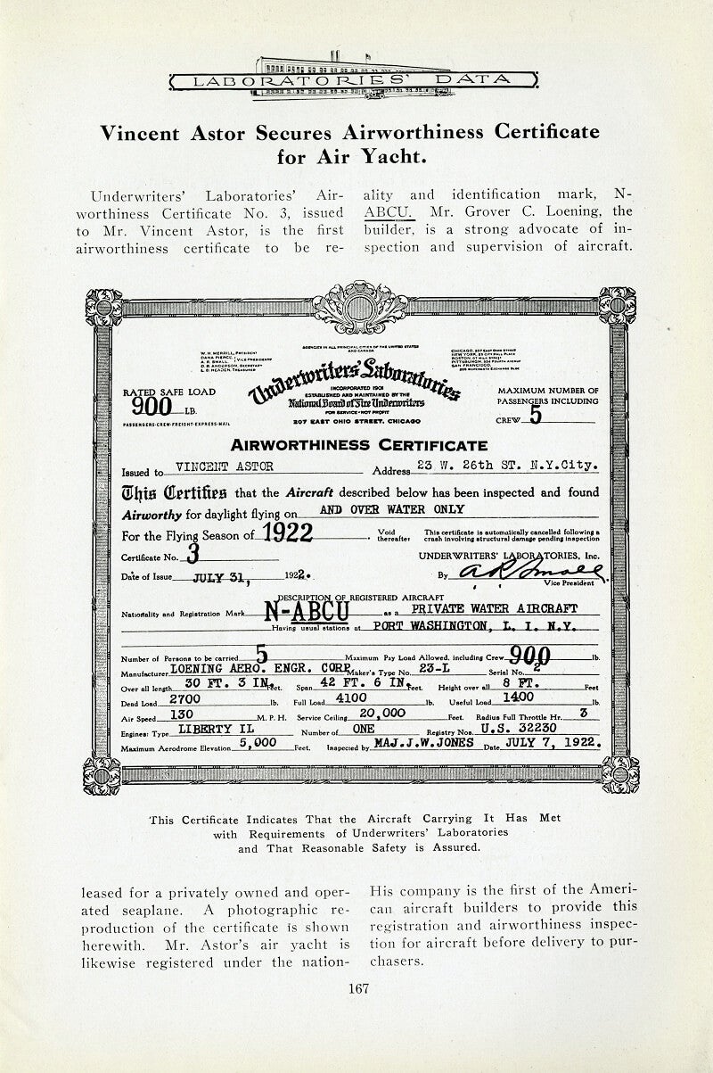 Airworthiness certificate for the Astor's air yacht dated August 1922