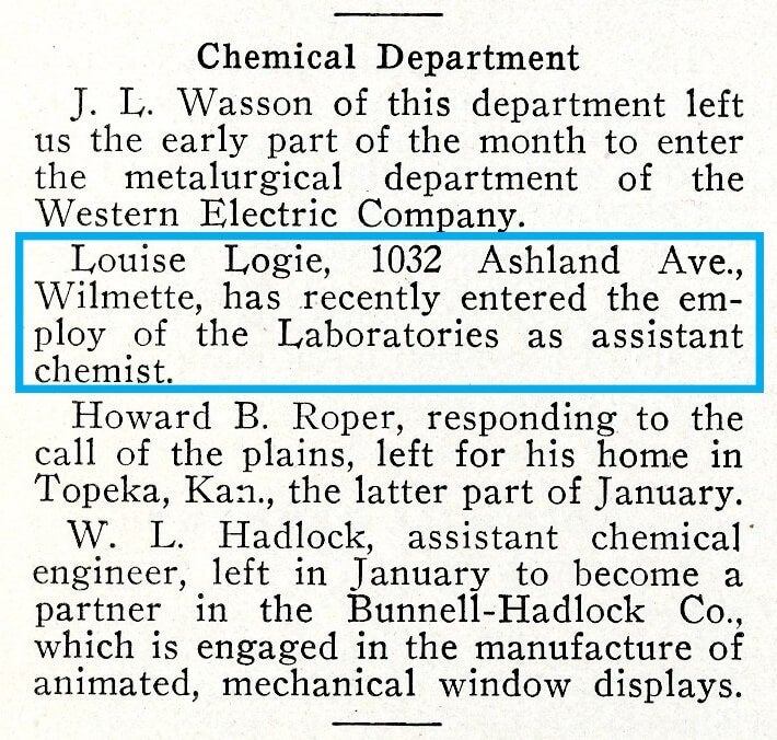 Laboratories Data announcement dated February 1920. It lists Louise Logie as a new assistant chemist. 