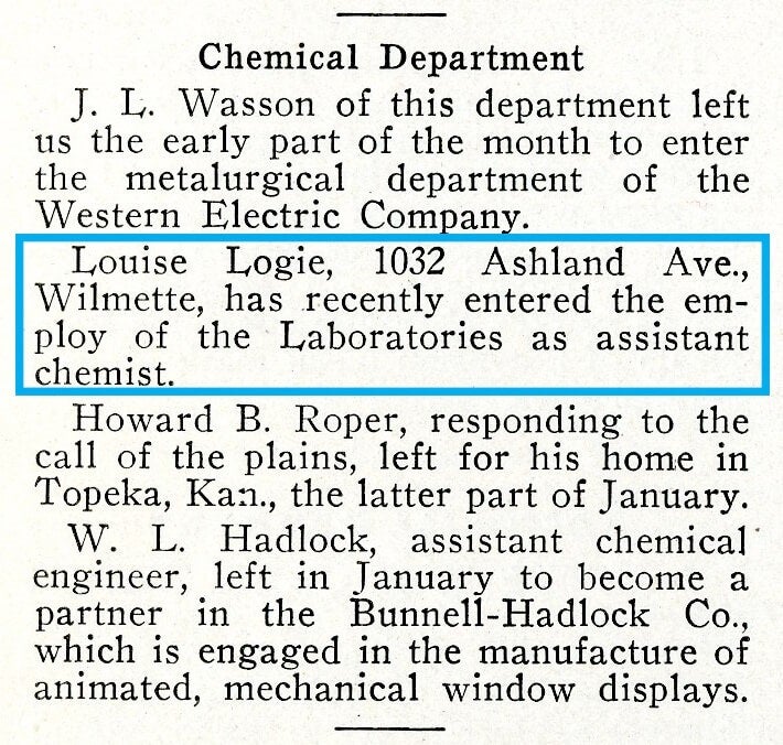 Laboratories Data announcement dated February 1920. It lists Louise Logie as a new assistant chemist.